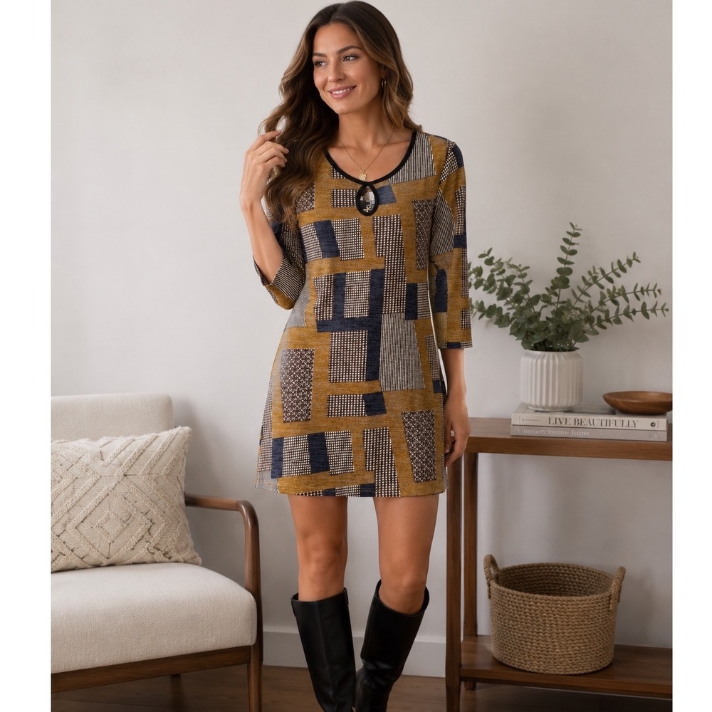 Papillon Women S Mustard Brown Navy Abstract Geometric Keyhole Mini Dress NWT